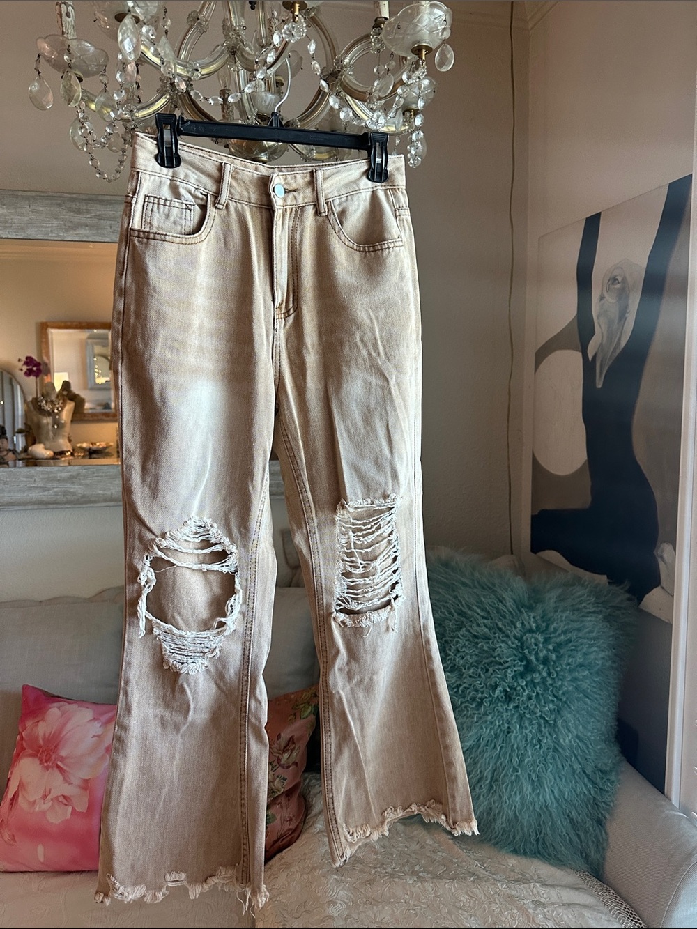 Beige Distressed Flare Jeans with Raw Hem - Wide Leg